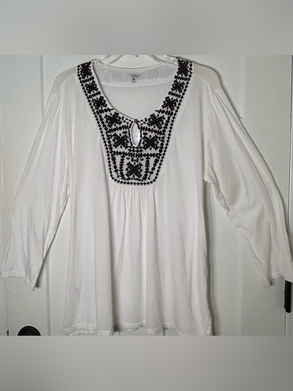 Indigo White Smock Top with Black Embroidered Yoke